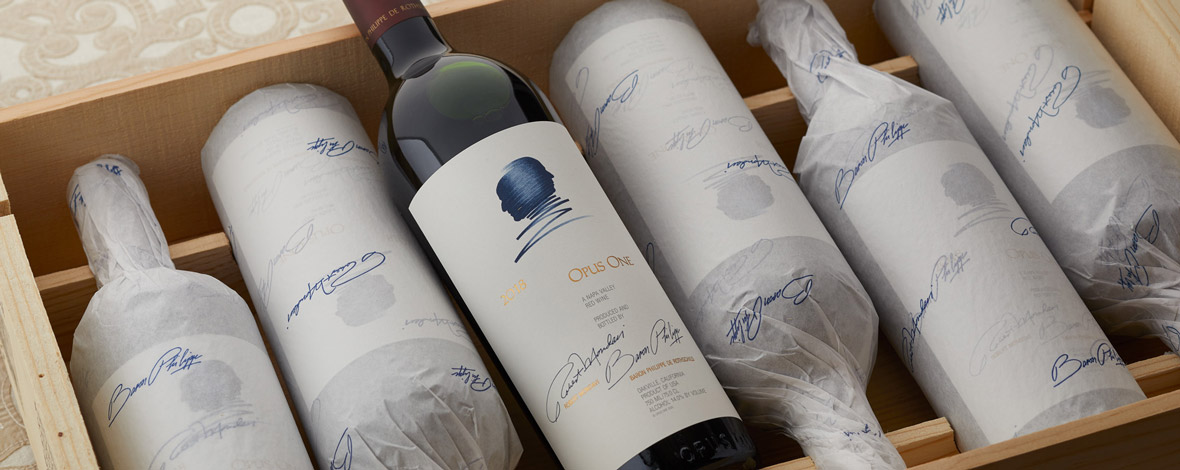 A wooden case of six bottles of Opus One 2018