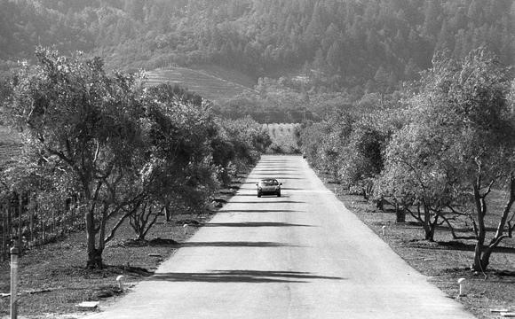 Opus One black and white image on 35mm film with a vintage car