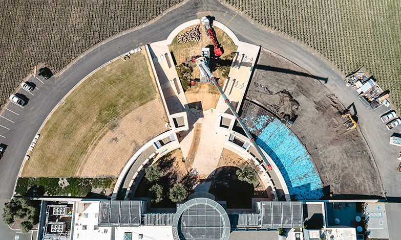 Aerial view of the enhancements project, including the excavation of the 130-year-old olive trees from the inner Courtyard.